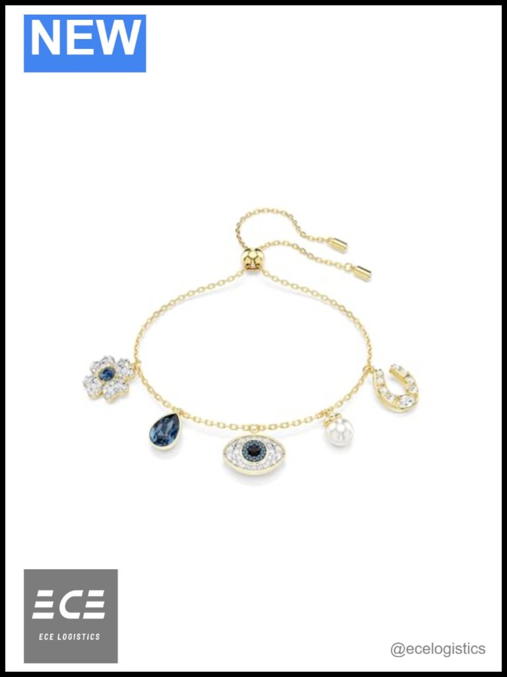 Gold-Tone Bangle Bracelet with Crystal Clover Evil Eye Horseshoe Symbolic